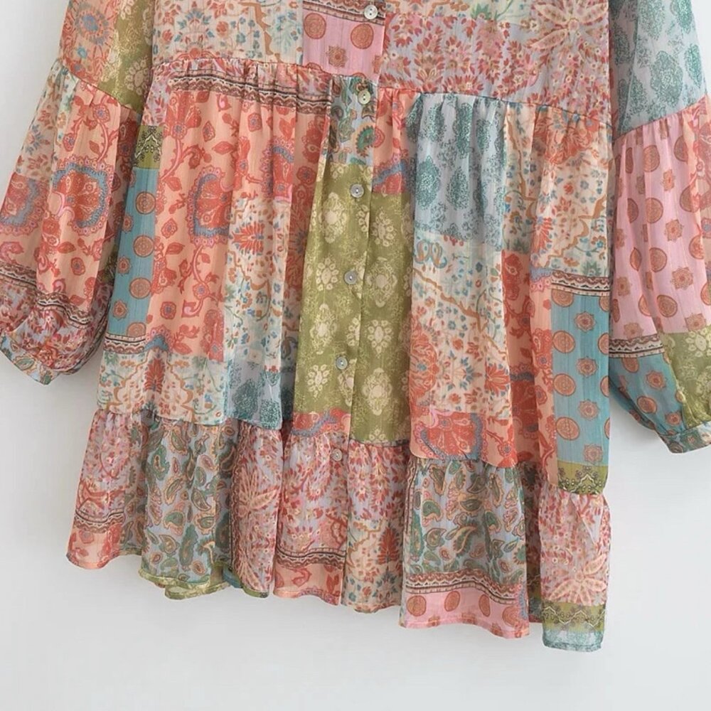 Women Bohemian Style Patchwork Multicolor Paisley V-Neck Short Mini Dress Size L - Picture 10 of 14